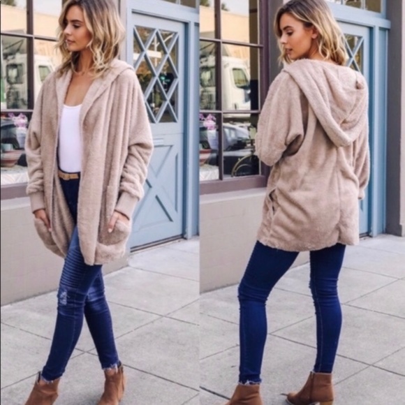 SOLD OUT Taupe Soft Faux Fur Fleece Plush One Size Hooded Cardigan Jacket - Picture 3 of 3